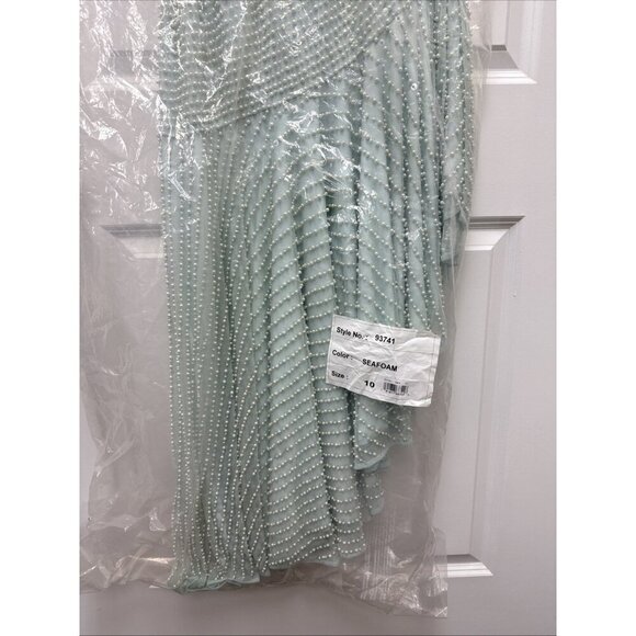 MAC DUGGAL Size 10 Green 93741 ONE SHOULDER Pearl Sequin Midi GOWN Formal Dress - Picture 10 of 11